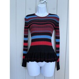 Torn Ronny Kobo Peplum Top S Small Black Blue Red Striped Ribbed Knit